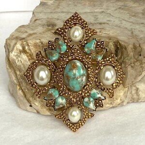 VTG Sarah Coventry Gold Plated Faux Pearl Blue Gold Glass Brooch Pendant Combo